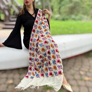 Limited Edition Embroidered White Floral Wool Shawl